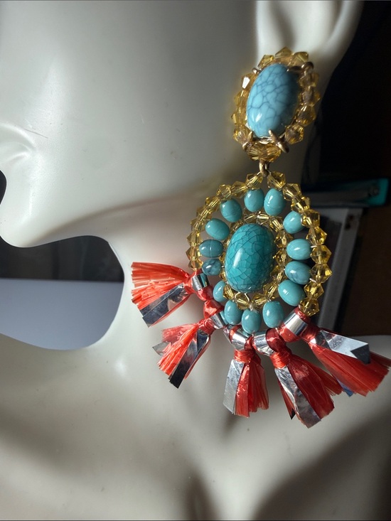 J. Crew Jewelry - J. Crew Raffia  Turquoise / Gold-Tone  Beads Drop Earrings